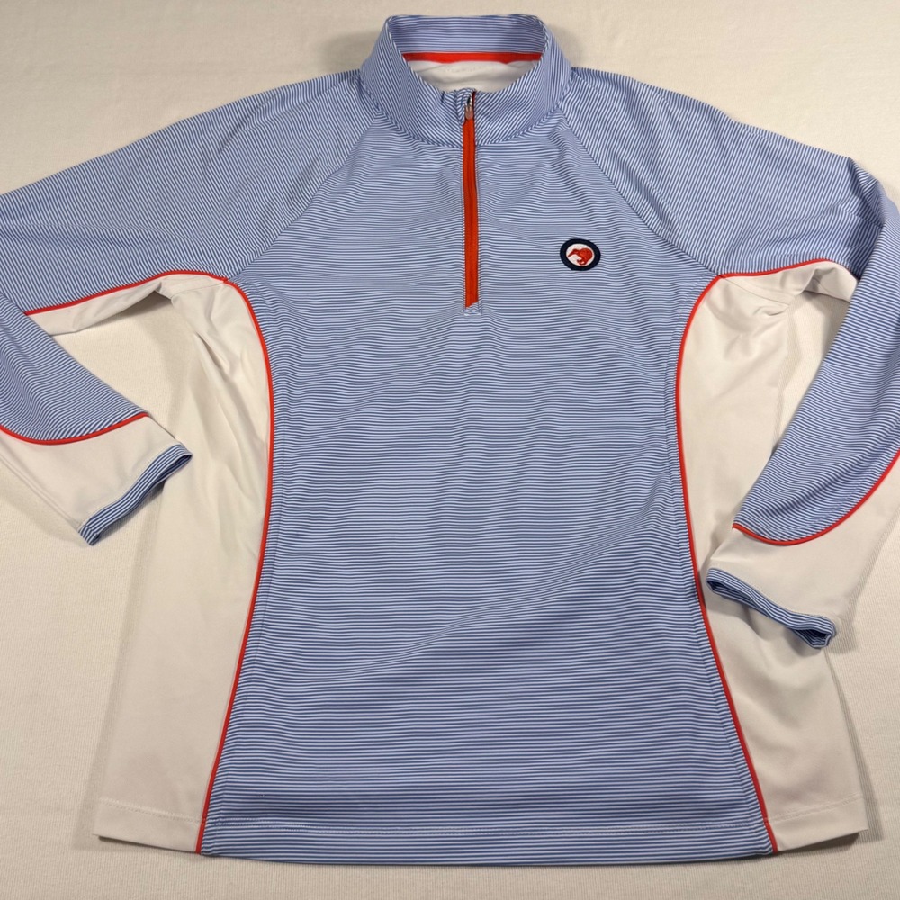 Peter Millar Pullover Medium Blue Stripe Quarter Zip Kiwi Logo UPF 50 Activewear